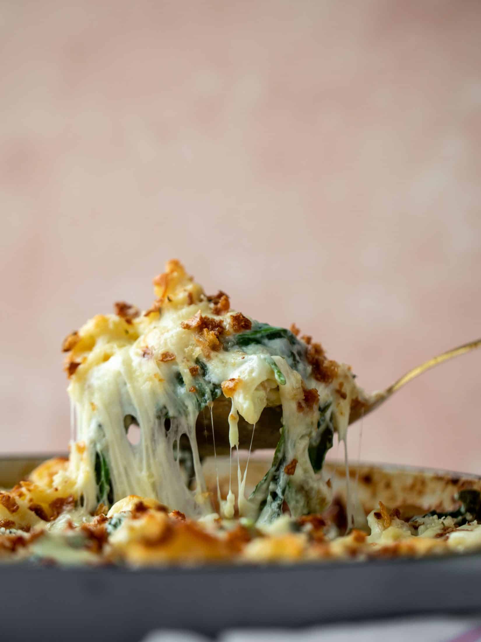 This creamed spinach mac and cheese is a dreamy, cheesy mac and cheese dish with tons of fresh baby spinach! Super comforting and flavorful.