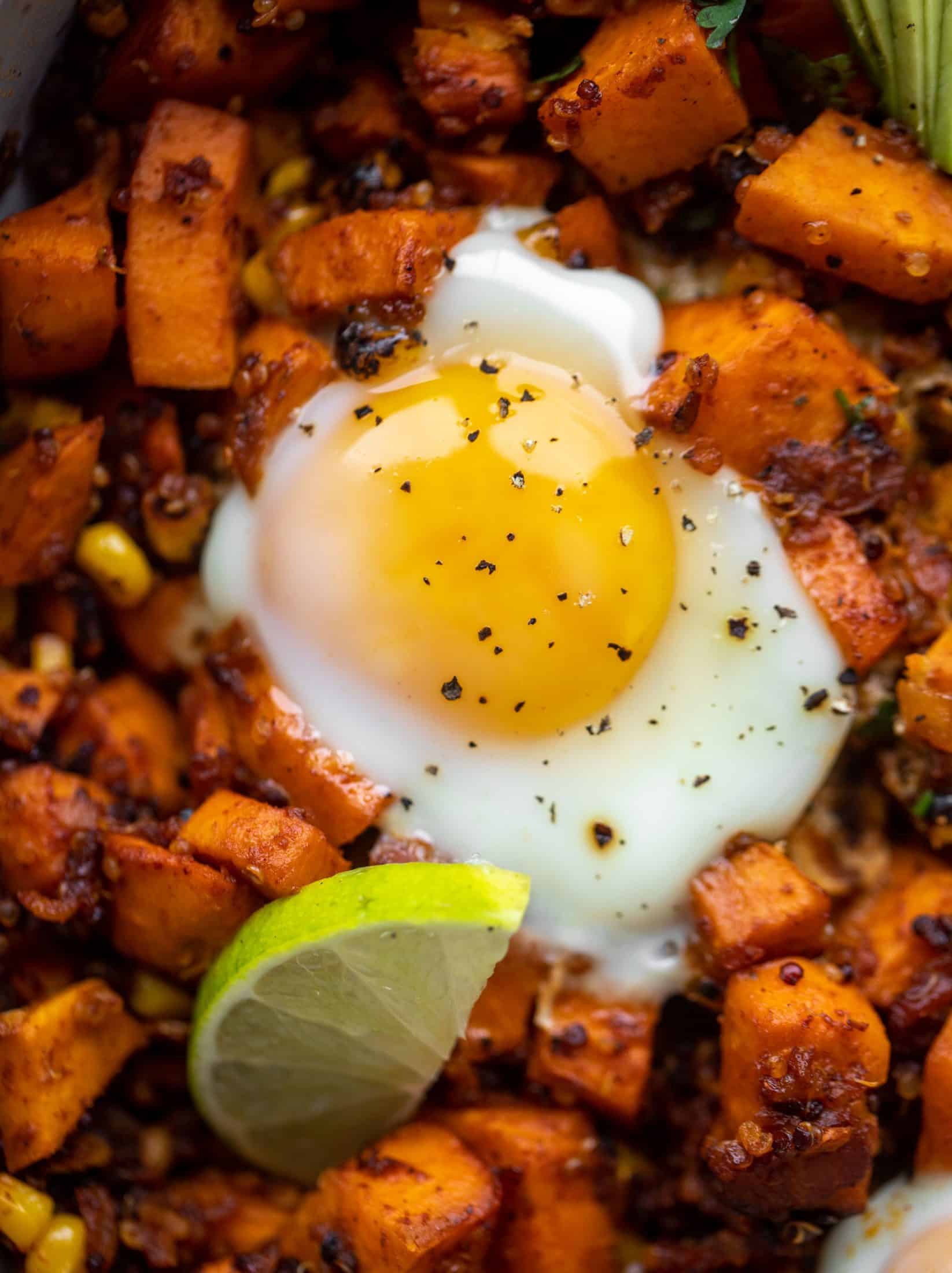 This chipotle sweet potato hash is perfect for breakfast, lunch or dinner. Bulked up with quinoa and tons of flavor, it's a great pantry weeknight meal!
