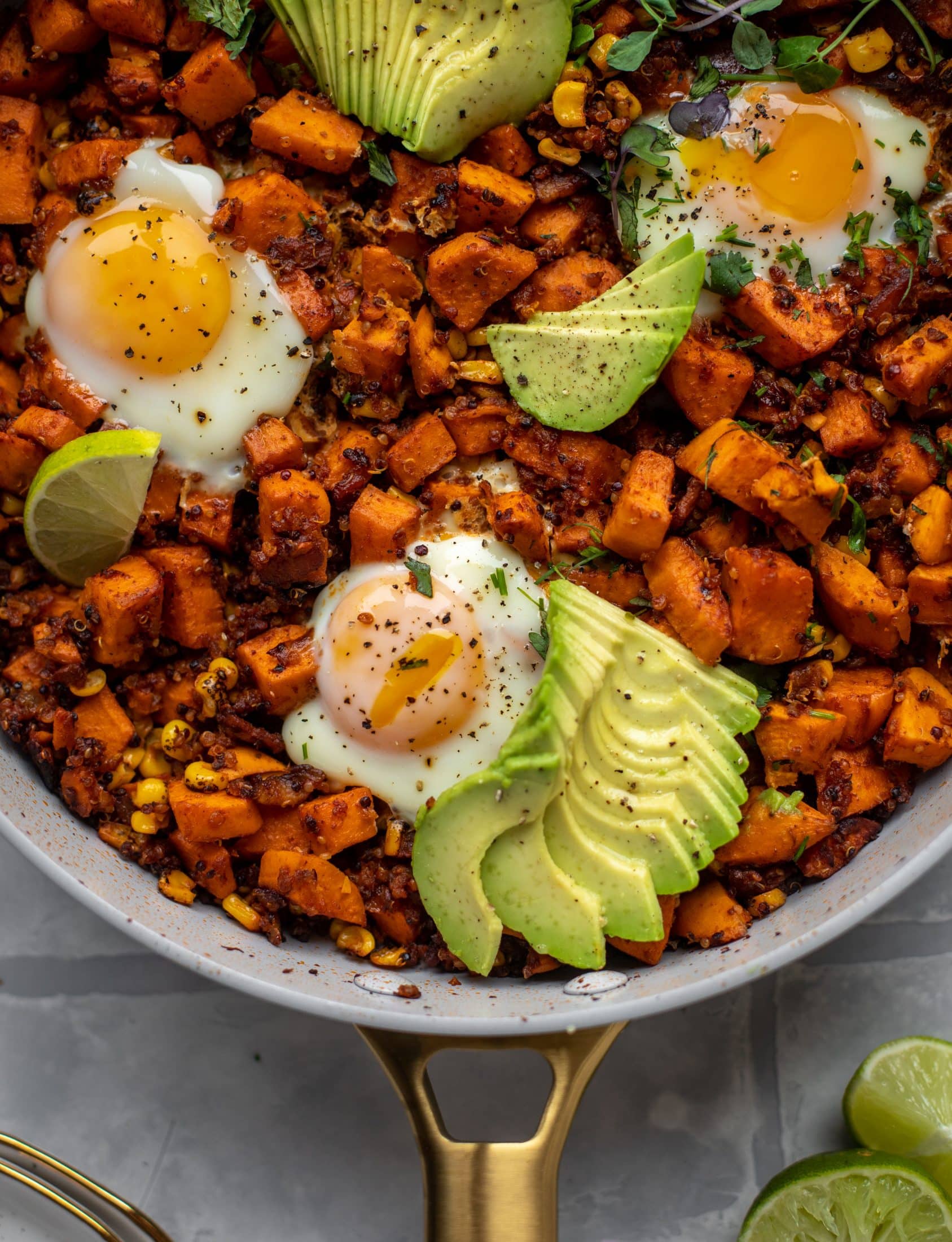 This chipotle sweet potato hash is perfect for breakfast, lunch or dinner. Bulked up with quinoa and tons of flavor, it's a great pantry weeknight meal!