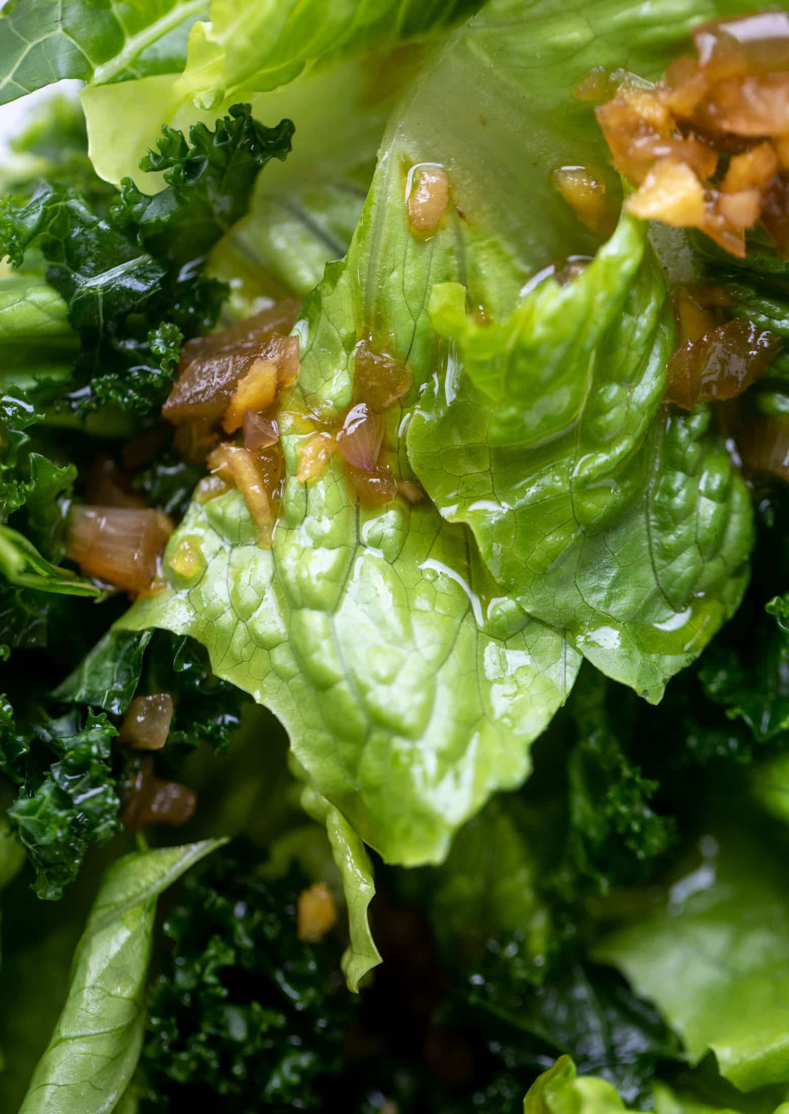 This ginger salmon salad has the flaky, flavorful roasted salmon on top of kale and romaine, drizzled with warm ginger vinaigrette.