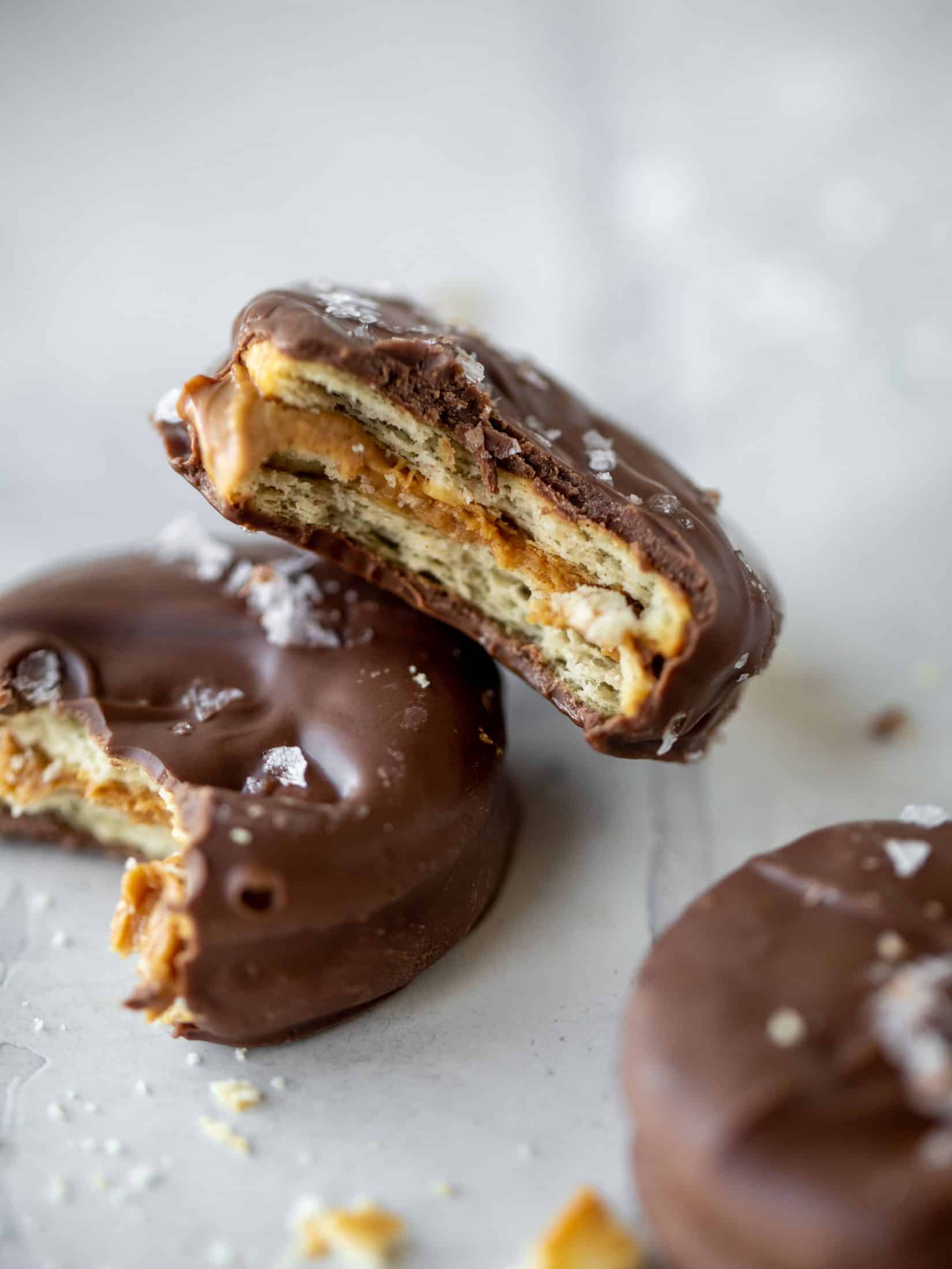 These ritz peanut butter cups are everything! Creamy peanut butter, flakey, buttery crackers, melted chocolate and flaked salt. They are unreal.