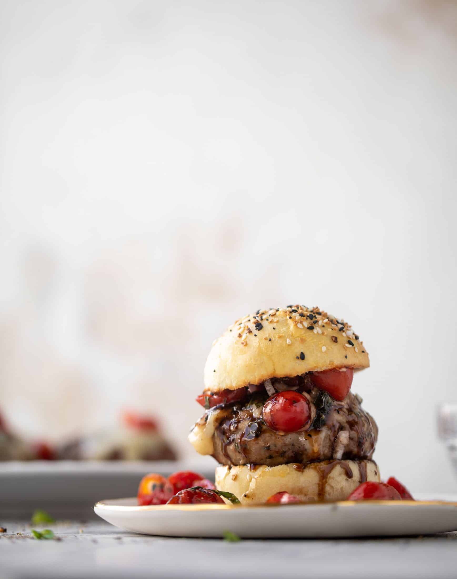 bruschetta chicken burgers on brioche buns