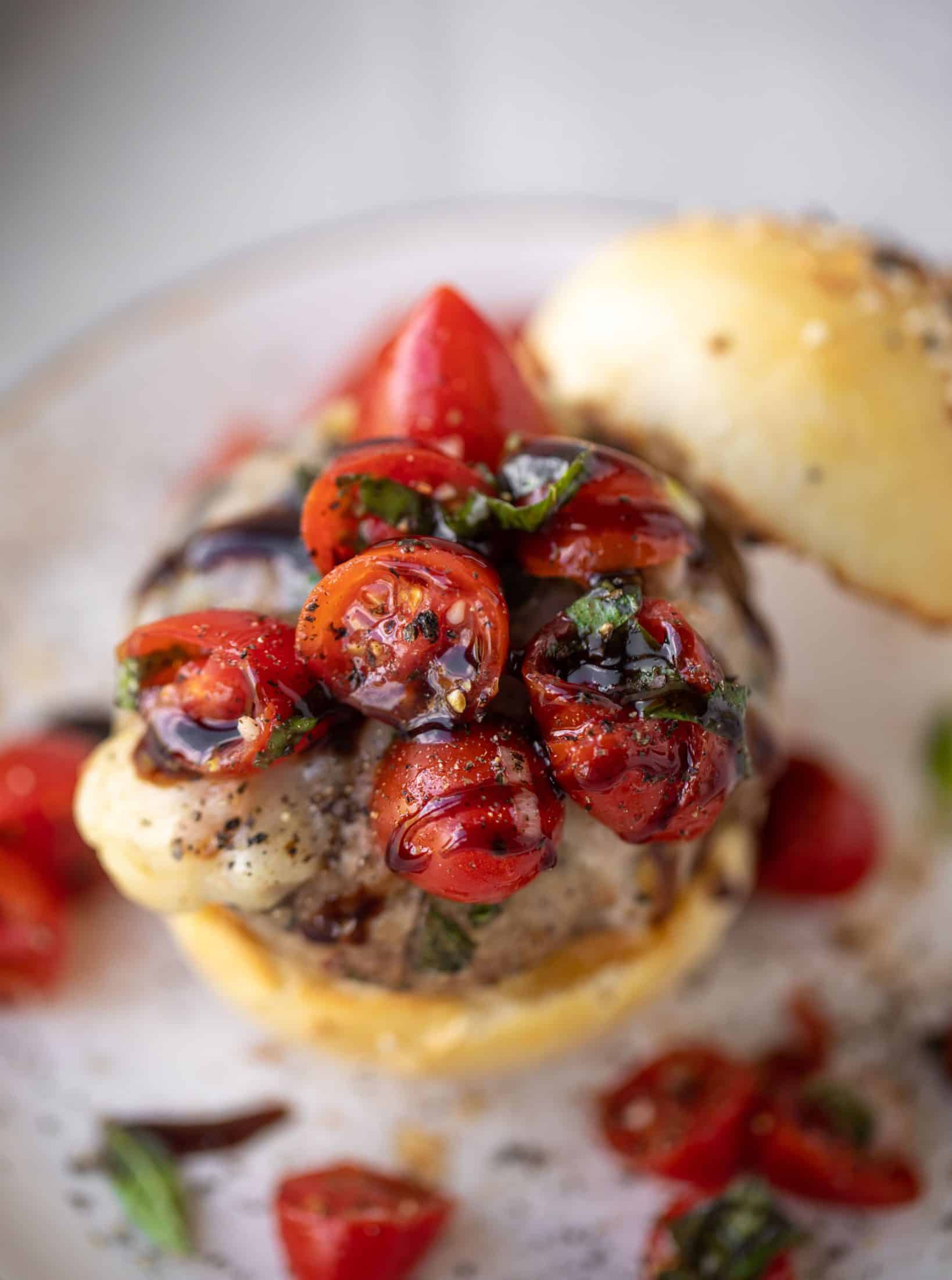 open faced bruschetta chicken burger