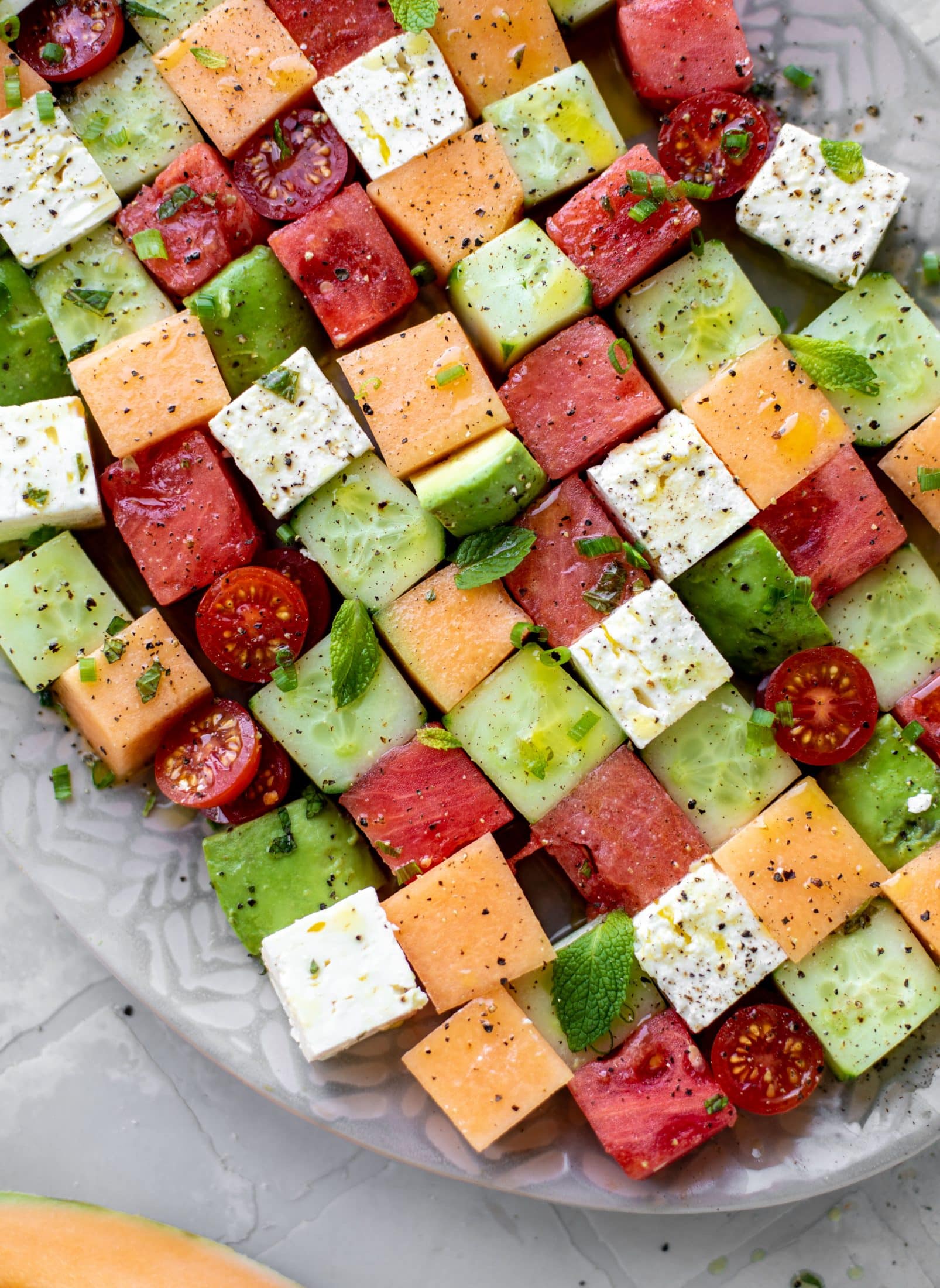 melon mosaic salad with hot honey vinaigrette