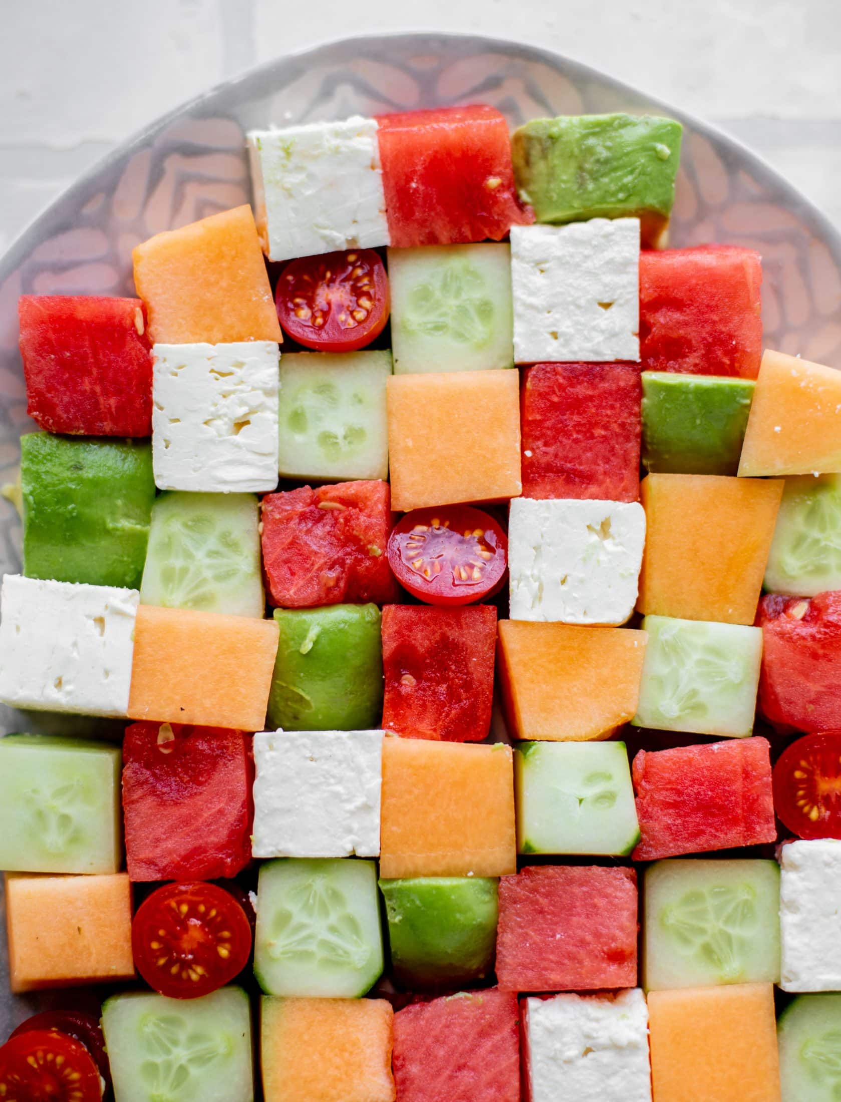 melon mosaic salad with hot honey vinaigrette