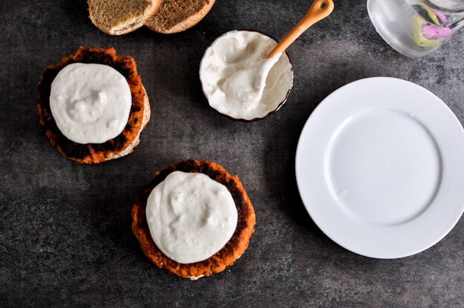 Smoky Sweet Potato Burgers with Roasted Garlic Cream and Avocado I howsweeteats.com Smoky Sweet Potato Burgers with Roasted Garlic Cream and Avocado I howsweeteats.com