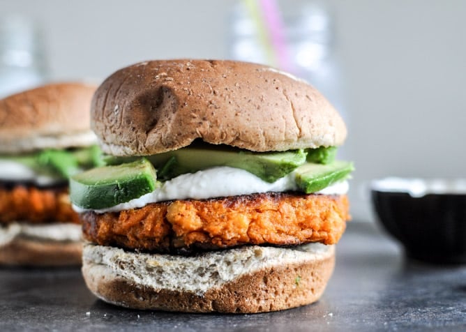 Smoky Sweet Potato Burgers with Roasted Garlic Cream and Avocado I howsweeteats.com Smoky Sweet Potato Burgers with Roasted Garlic Cream and Avocado I howsweeteats.com