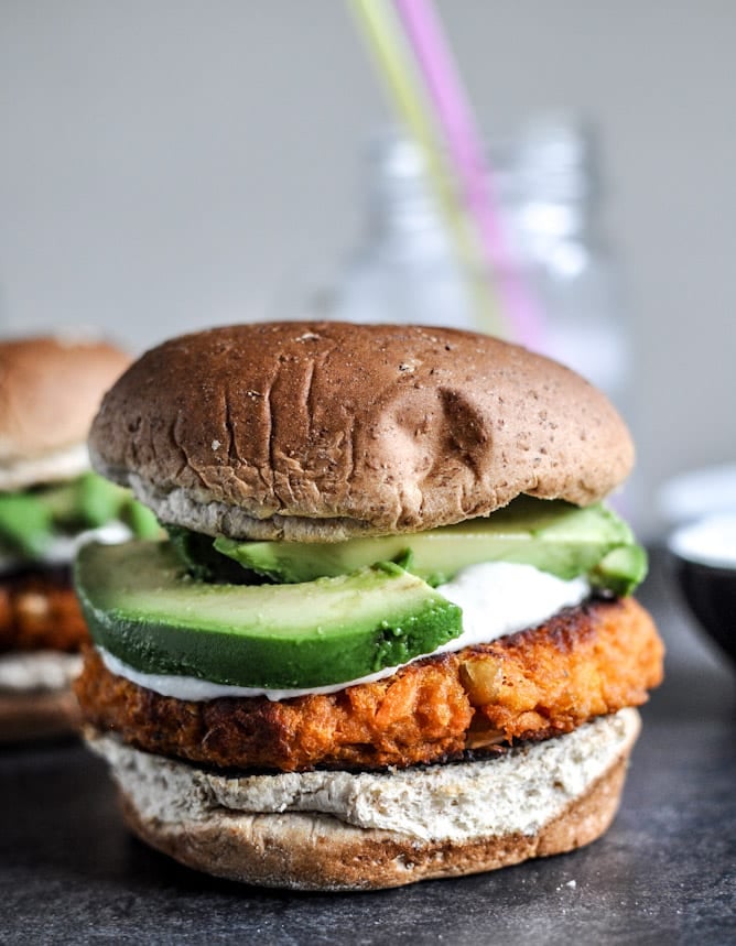 Smoky Sweet Potato Burgers with Roasted Garlic Cream and Avocado I howsweeteats.com Smoky Sweet Potato Burgers with Roasted Garlic Cream and Avocado I howsweeteats.com