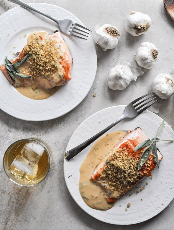 Pan-Crisped Salmon with Light Dijon Cream and Garlic Butter Breadcrumbs I howsweeteats.com