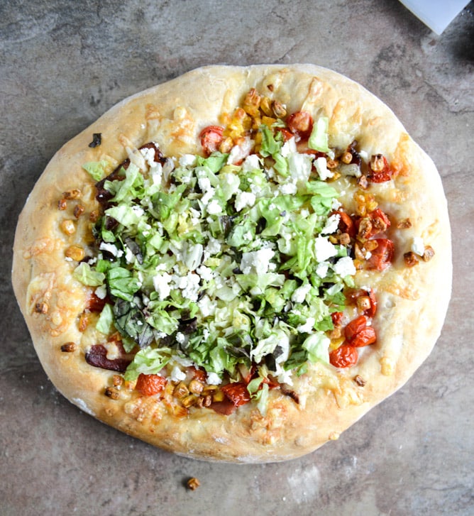 BLT Pizza with Grilled Corn + Crumbled Feta I howsweeteats.com BLT Pizza with Grilled Corn + Crumbled Feta I howsweeteats.com