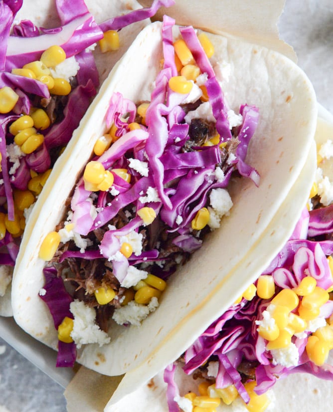Crockpot Smoky Brisket Tacos with Shredded Cabbage + Sweet Corn I howsweeteats.com