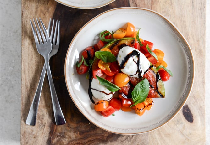 Honey Grilled Watermelon Caprese Salads I howsweeteats.com