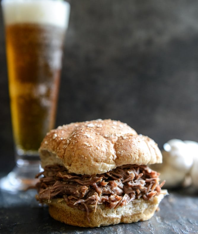 Crockpot Brown Sugar + Roasted Garlic Pulled Pot Roast Sandwiches I howsweeteats.com