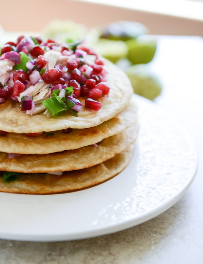 Honey Ginger Chicken Tostadas with Pomegranate Salsa I howsweeteats.com