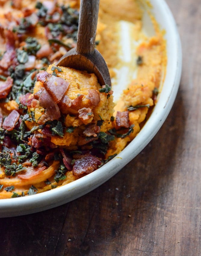 bacon bourbon whipped sweet potatoes with brown butter and crispy sage I howsweeteats.com