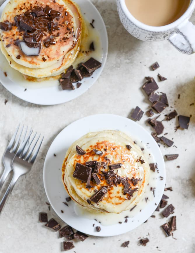 bittersweet chocolate and lemon glazed whipped ricotta pancakes I howsweeteats.com