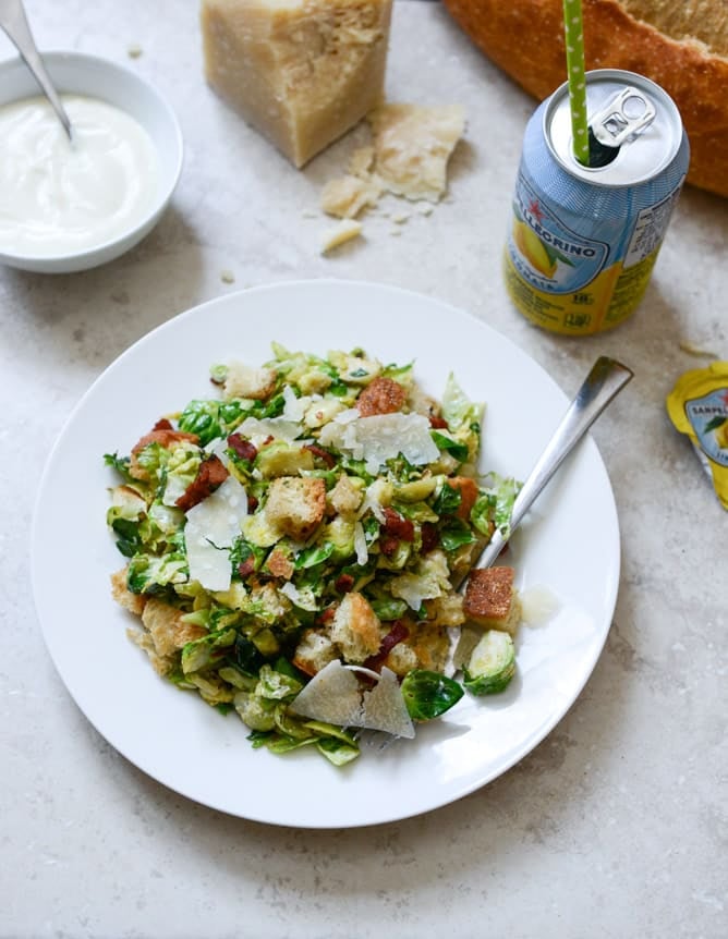 Warm Brussels Caesar with Bacon Ciabatta Croutons I howsweeteats.com Warm Brussels Caesar with Bacon Ciabatta Croutons I howsweeteats.com