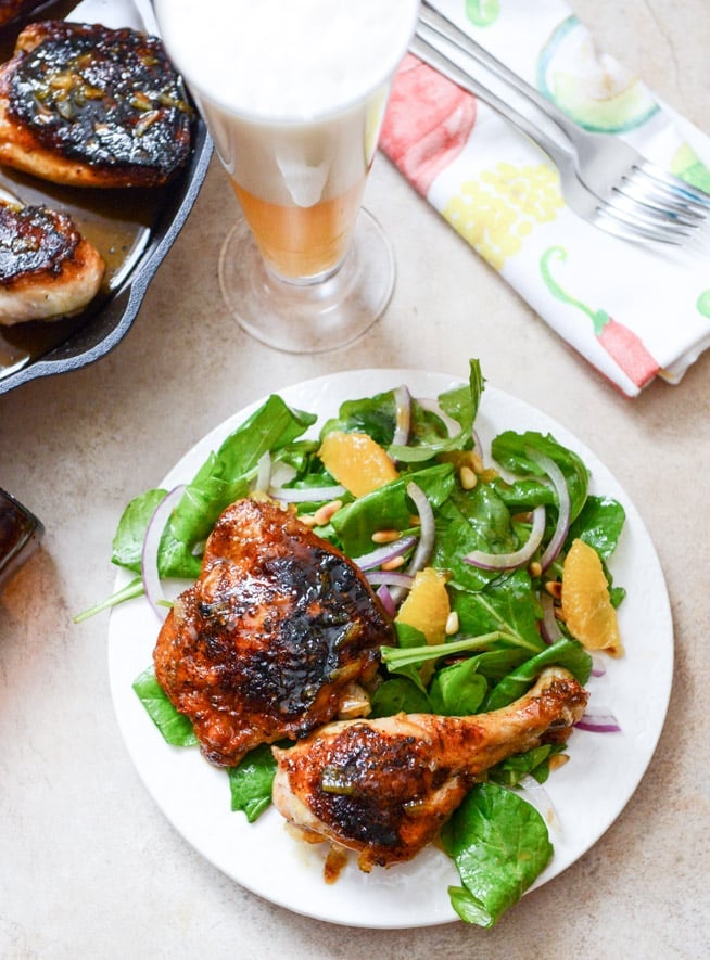 Beer Glazed Citrus Chicken with Orange Arugula Greens I howsweeteats.com Beer Glazed Citrus Chicken with Orange Arugula Greens I howsweeteats.com