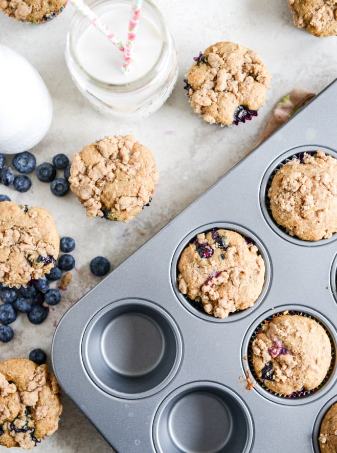 whole wheat blueberry yogurt crumb muffins I howsweeteats.com