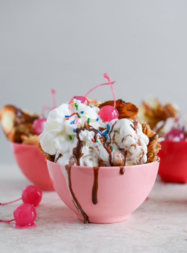 Crispy Croissant Sundaes with Red Wine Hot Fudge I howsweeteats.com