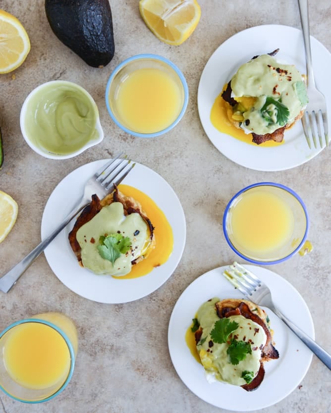 Sweet Corn Cake Eggs Benedict with Avocado Hollandaise I howsweeteats.com