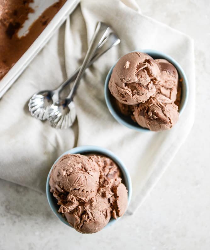 Milk Chocolate Goat Cheese Ice Cream with Ganache Fudge Chunks I howsweeteats.com