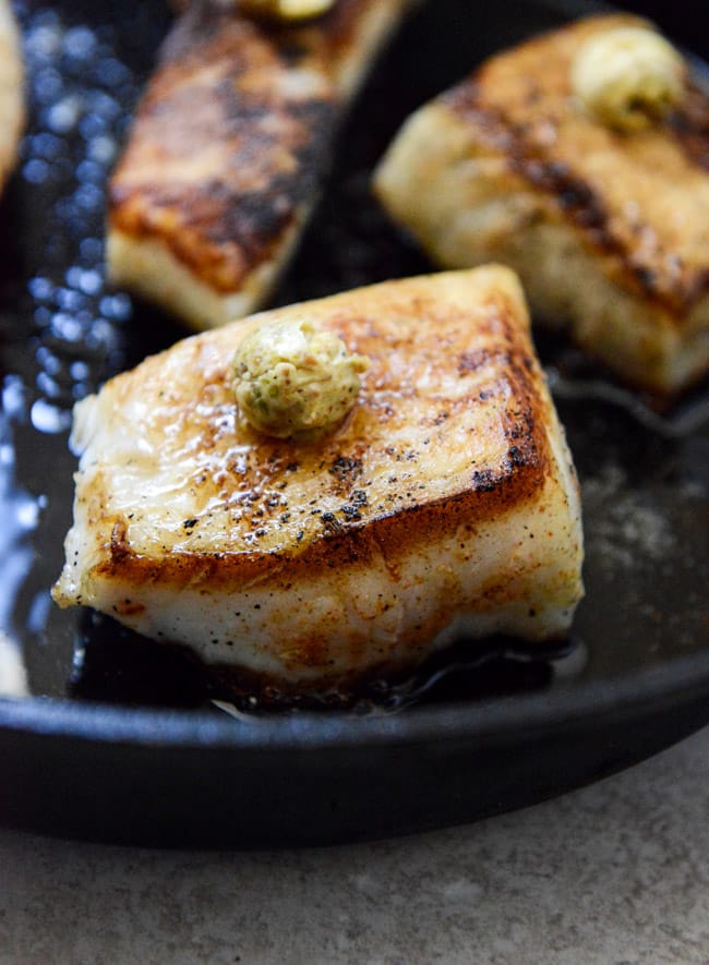 Crisp Skillet Sea Bass with Pistachio Butter I howsweeteats.com