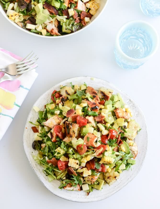 BBQ chicken chopped salad with grilled garlic croutons and honey mustard vinaigrette I howsweeteats.com