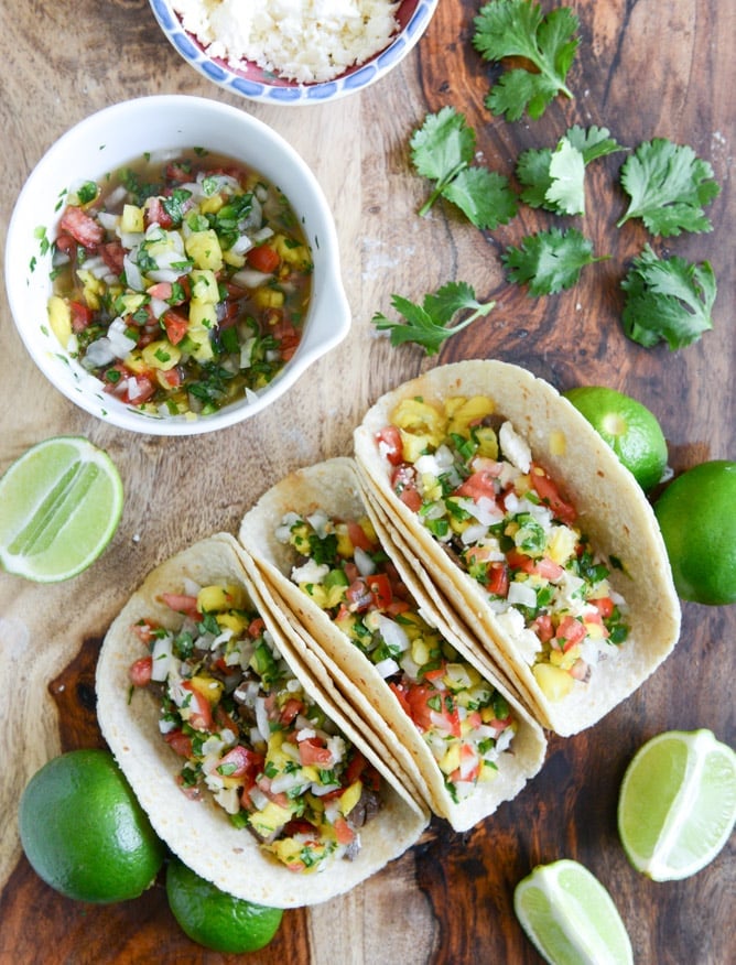 ginger garlic steak tacos with pineapple pico I howsweeteats.com
