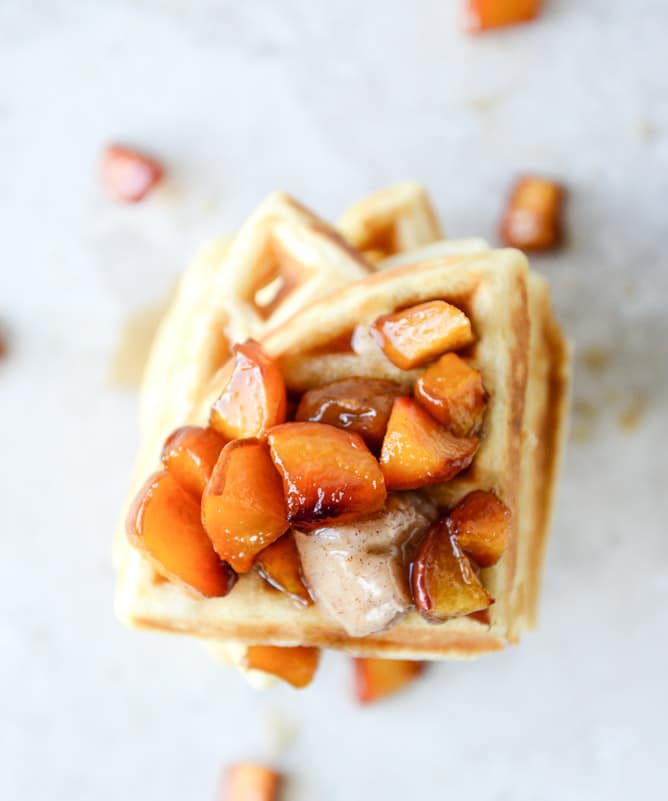 vanilla yeasted waffles with roasted peach maple syrup I howsweeteats.com