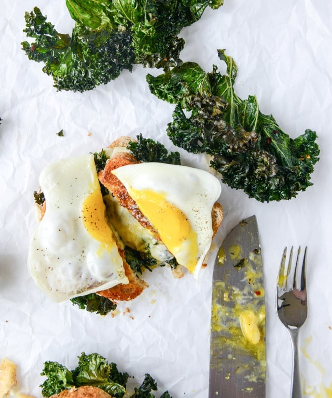 crispy kale grilled cheese with fried eggs I howsweeteats.com