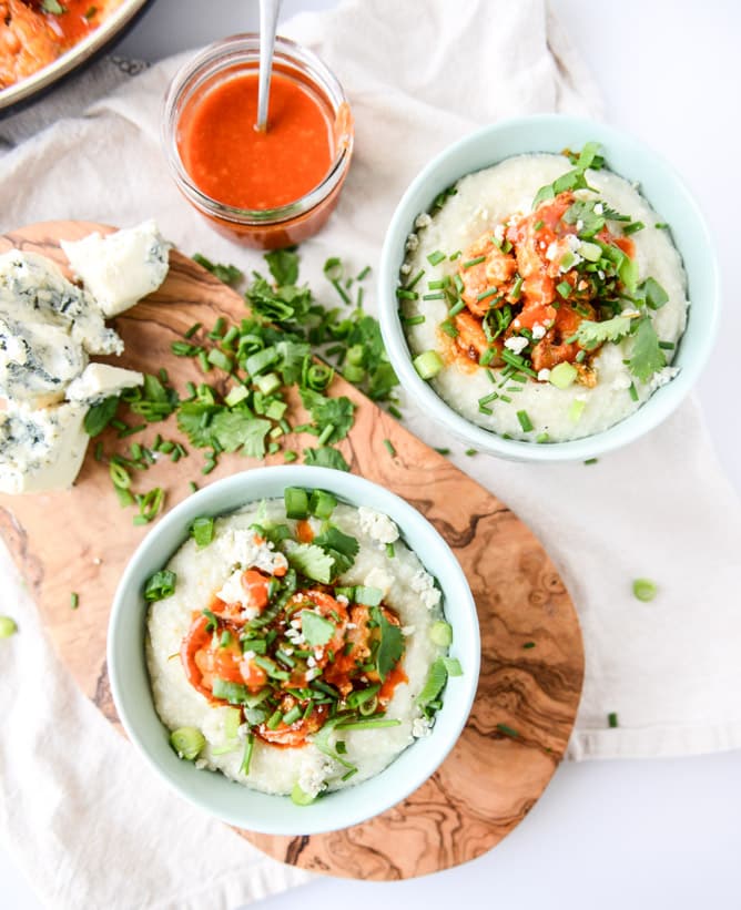 crispy buffalo wing shrimp with blue cheese grits I howsweeteats.com