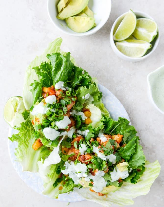 bbq chicken and pineapple lettuce wraps with cilantro yogurt sauce I howsweeteats.com