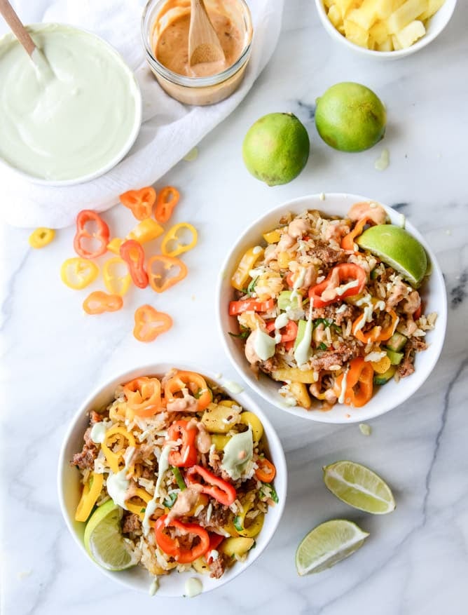 pineapple chorizo rice bowls I howsweeteats.com