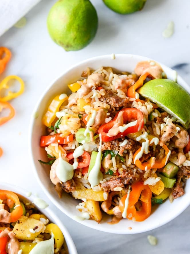 pineapple chorizo rice bowls I howsweeteats.com