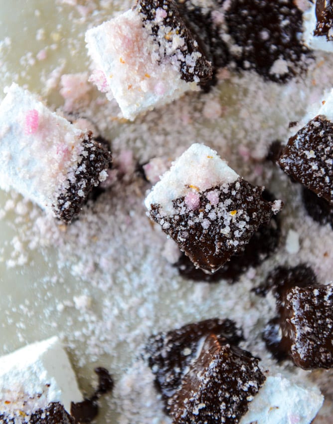 chocolate dipped champagne marshmallows with blood orange sugar I howsweeteats.com