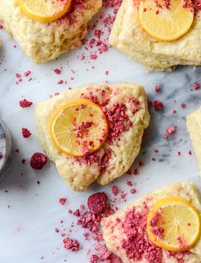 meyer lemon scones with raspberry crumbs I howsweeteats.com