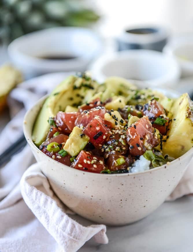 ahi poke bowl with avocado and pineapple I howsweeteats.com