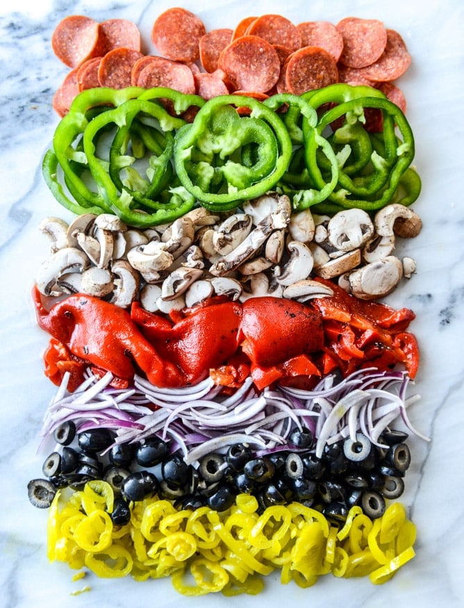 cauliflower crust pizza supreme I howsweeteats.com