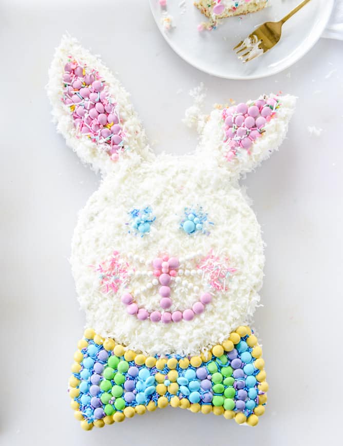 coconut confetti classic bunny cake with M&M'S I howsweeteats.com