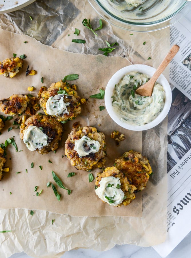 lobster corn fritters with truffle herb mayo I howsweeteats.com