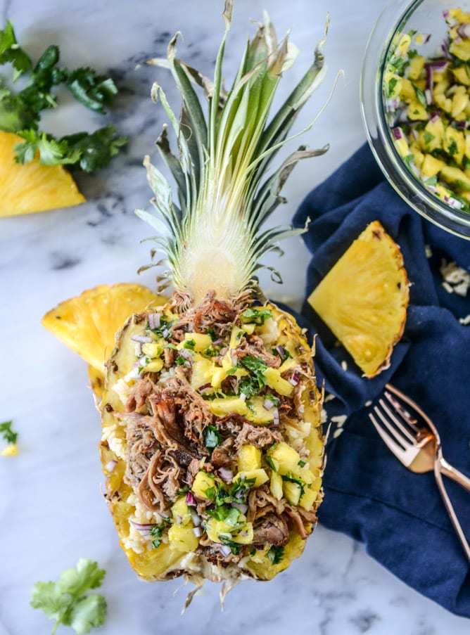 slow cooker jerk pork in pineapple rice bowls I howsweeteats.com