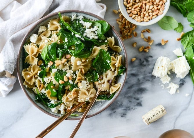 farfalle with marinated feta, arugula and toasted pine nuts I howsweeteats.com