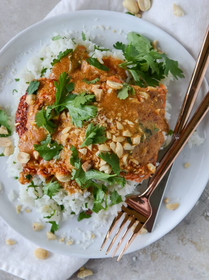 salmon with thai curry peanut sauce and coconut cilantro rice I howsweeteats.com