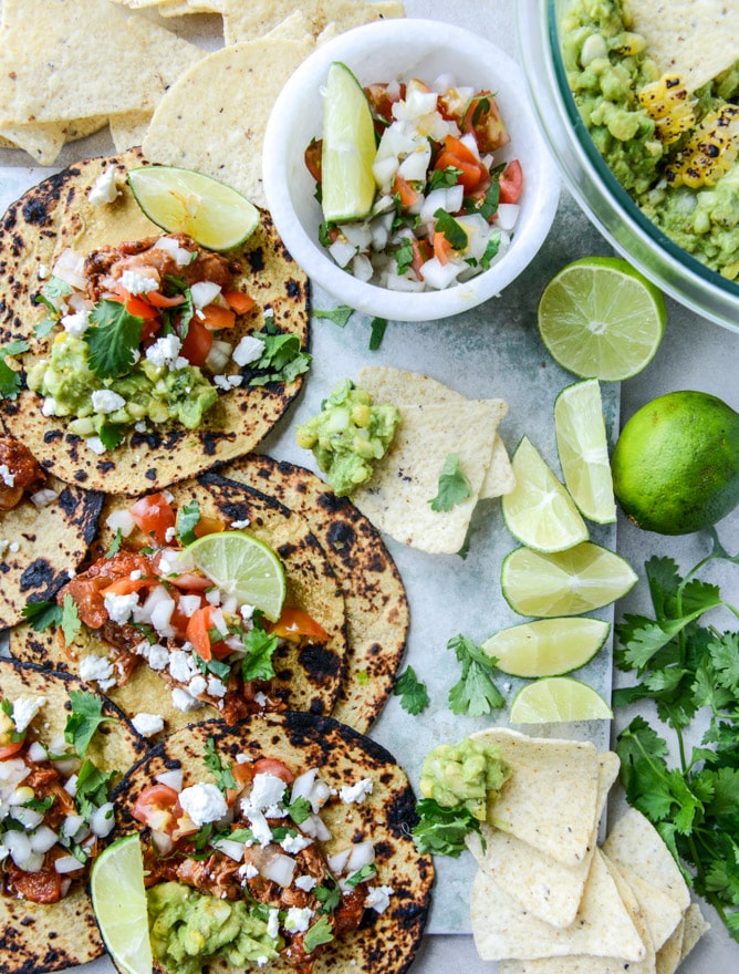chicken tinga tacos with grilled corn guacamole by @howsweeteats I howsweeteats.com