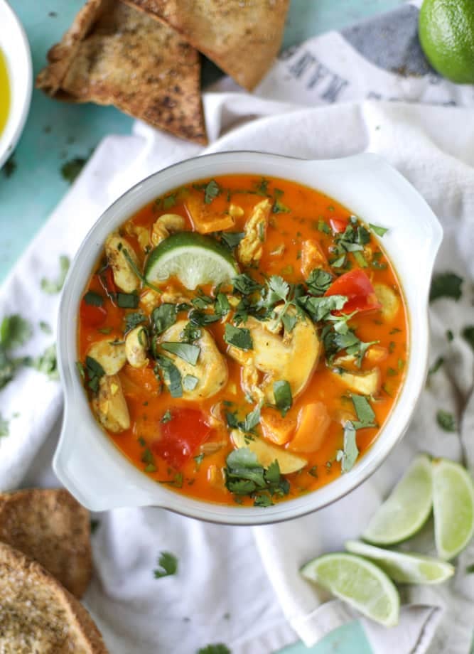 golden chicken coconut soup with spiced pitas I howsweeteats.com