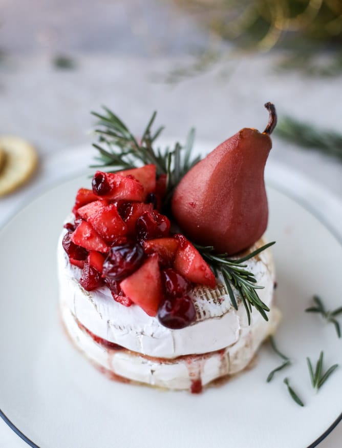 winter fruit stuffed brie with a pinot poached pear I howsweeteats.com