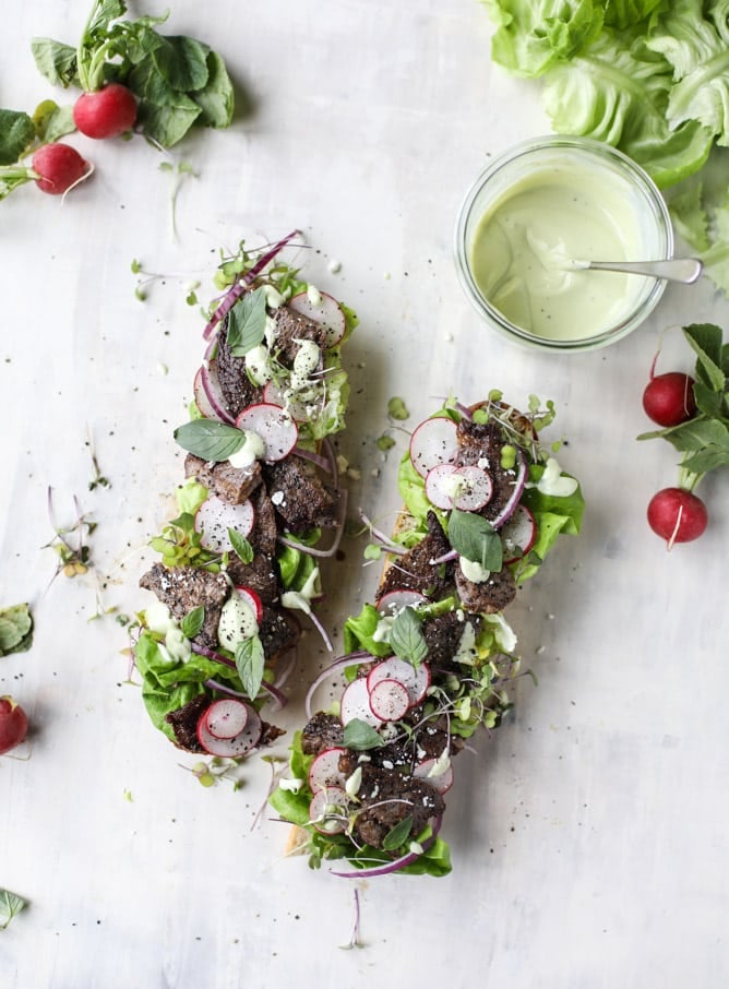 open faced steak sandwich with avocado horseradish I howsweeteats.com 