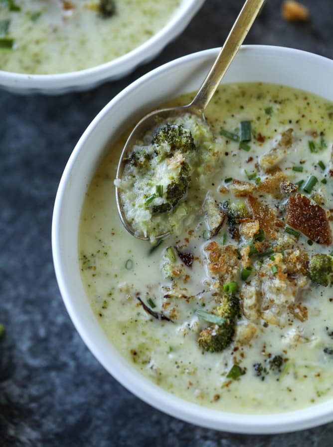 roasted broccoli gruyere cheese soup I howsweeteats.com