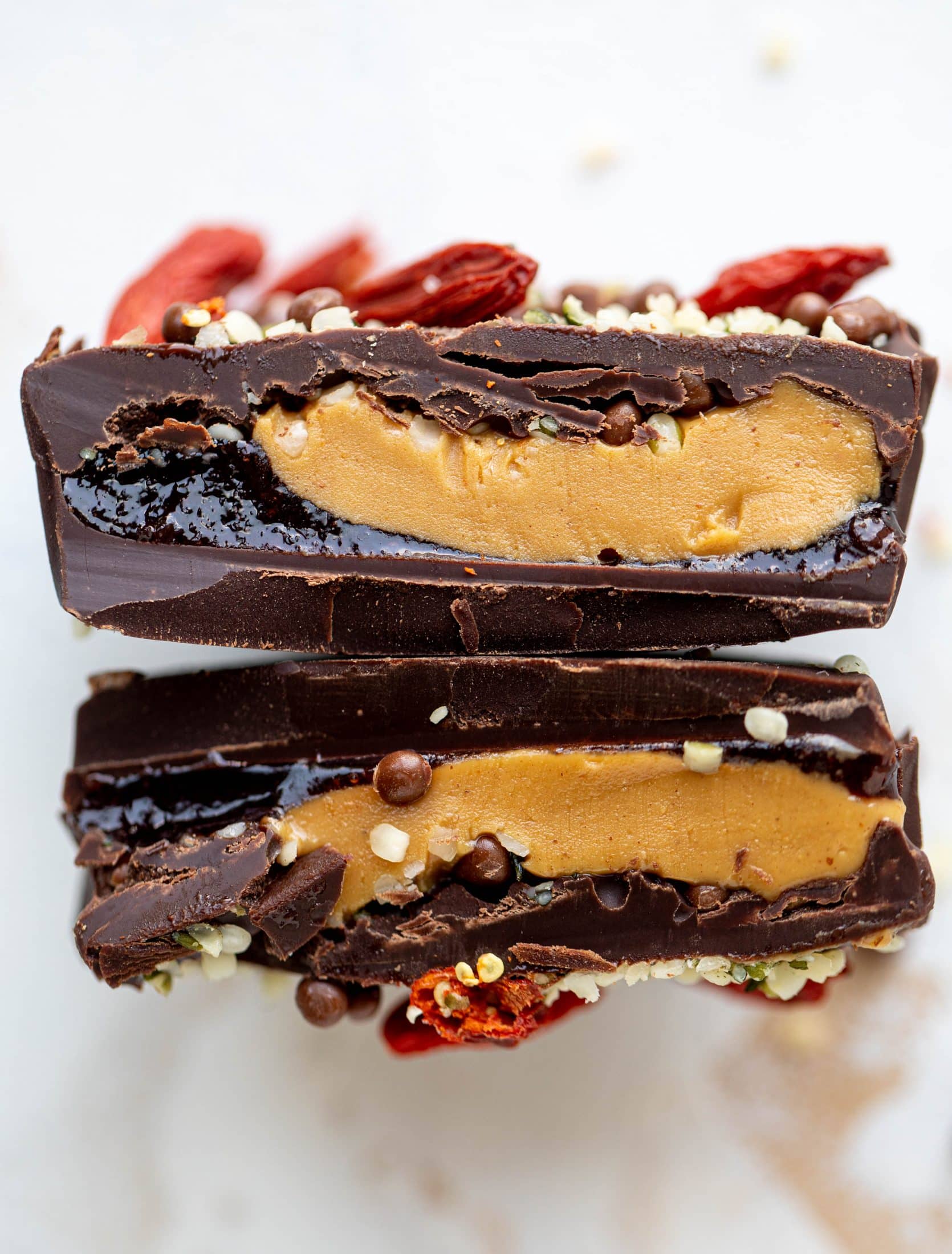 These peanut butter and jelly cups are the best homemade treat ever! Use your favorite jam and add a sprinkle of chia and hemp hearts. So good!